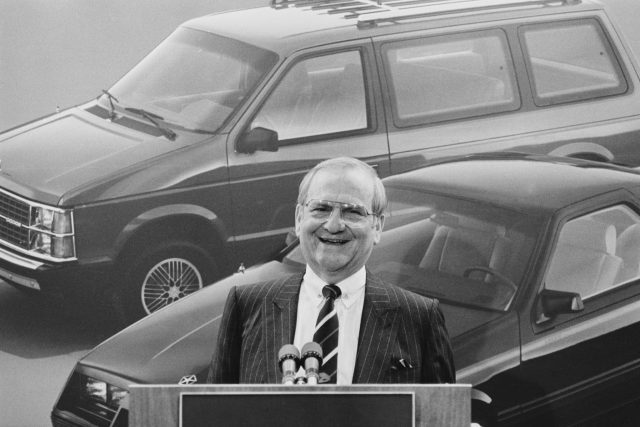 Chrysler Chairman Lee Iacocca announcing Chrysler's record $705.8 million first quarter profit in 1984 in Highland Park in Michigan. The profit was more than Chrysler had made previously in any full year.