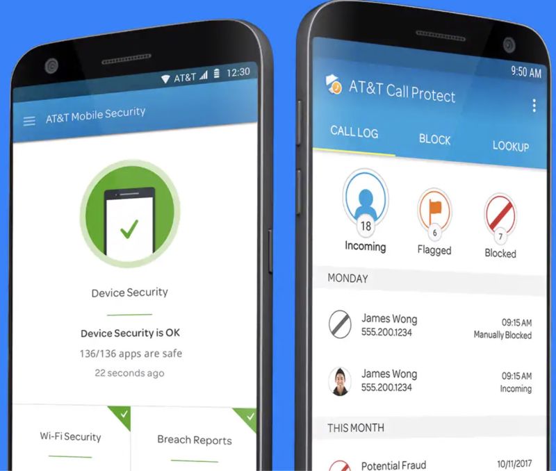 Two Android phones running AT & T's Call Protect and Mobile Security applications.