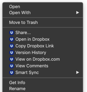 Dropbox's right-click menu for files in the Finder.