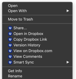 Dropbox's right-click menu for files in the Finder.