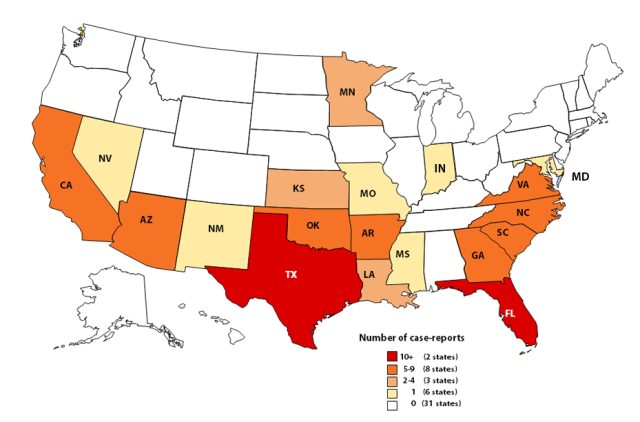 States where cases of Naegleria fowleri have occurred. N=145; state of exposure unknown for 4 cases. Map does not picture 1 case from the U.S. Virgin Islands.