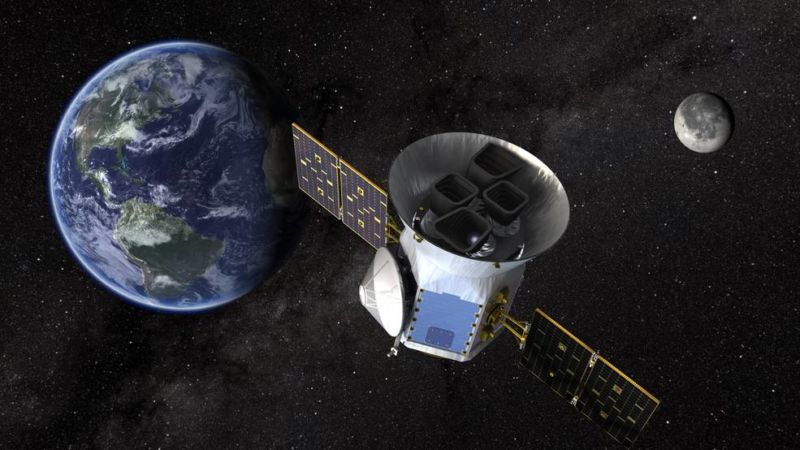 Image of the TESS satellite with the Earth in the background.
