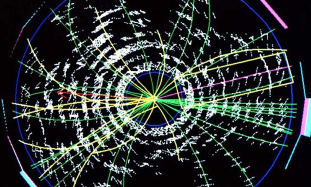 Signature of a possible top-quark-pair candidate. Tracks shown are from the decays of two top quarks produced in a collision.