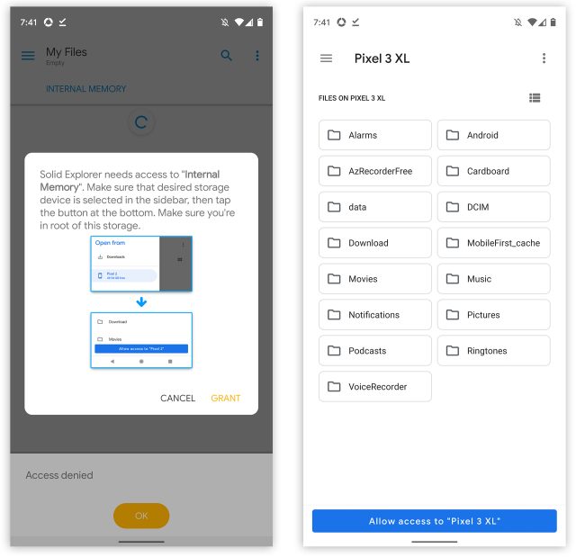 Photos of Solid Explorer, one of the few apps that works with scoped storage.