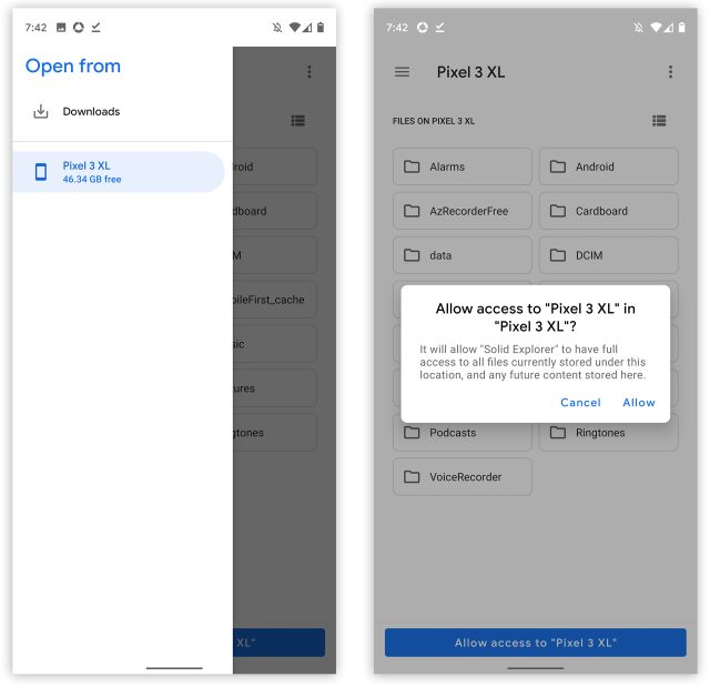 Photos of Solid Explorer, one of the few apps that works with scoped storage.