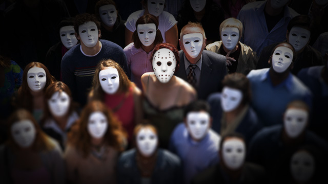 Doctored photograph of a crowd of people wearing white masks.