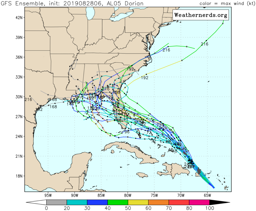 The GFS forecast model ensemble predictions for Dorian show a range of possibilities for the track into Florida, and beyond.