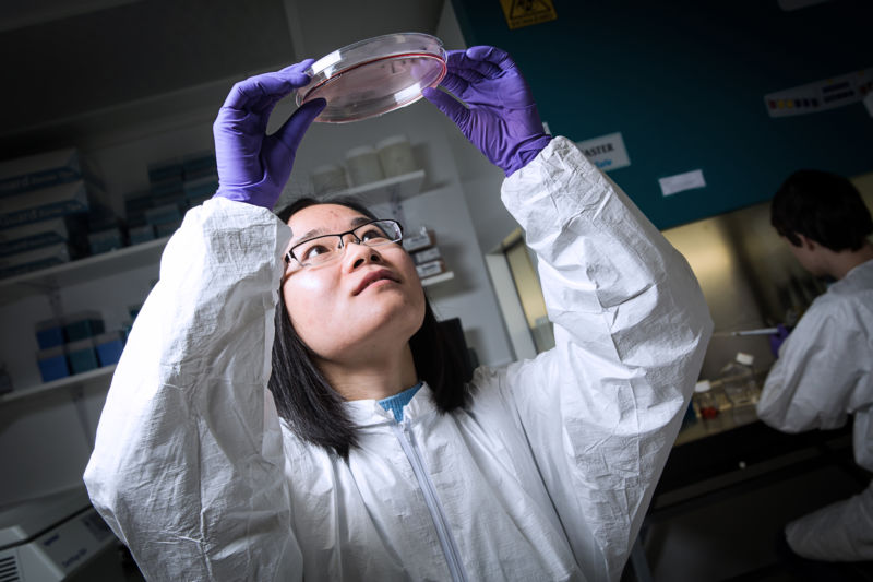 A researcher in goggles and scrubs examines a petri dish.