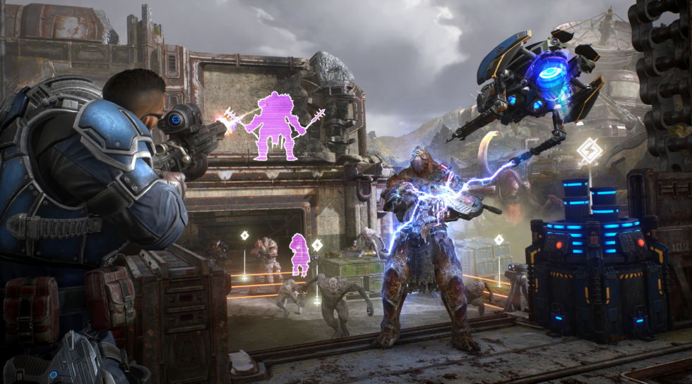 This is clearly a sweetened, enhanced image of <em>Gears 5</em>, but it at least shows the Jack droid in action, in terms of its enemy-scanning and enemy-stunning abilities live on the same screen.