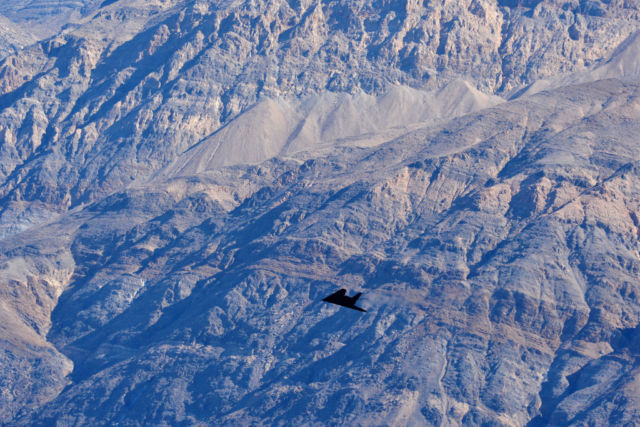 An F-117 Nighthawk Stealth Fighter flies near the "Jedi Transition" on February 27, 2019 in Death Valley, California. 