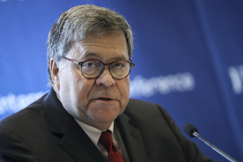 US Attorney General William Barr speaks at the International Conference on Cyber Security at Fordham University School of Law on July 23, 2019 in New York City. In his remarks, Barr stated that increased encryption of data on phones and encrypted messaging apps puts American security at risk. Barr encouraged technology companies to provide law enforcement with access to encrypted data during certain criminal investigations.
