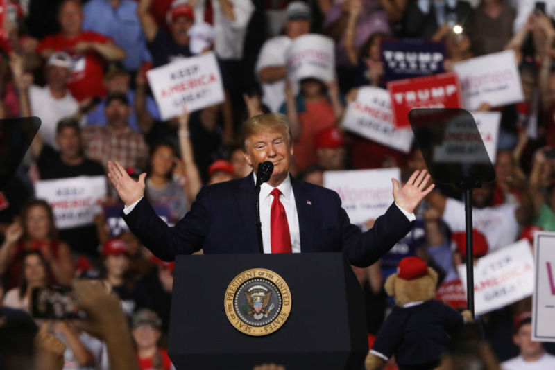 President Donald Trump speaks to supporters at a rally in Manchester on August 15, 2019 in Manchester, New Hampshire.