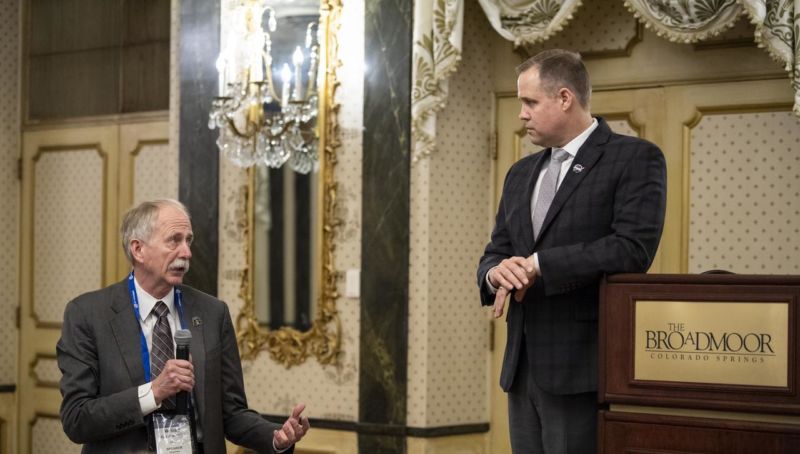 NASA Administrator Jim Bridenstine listens as Bill Gerstenmaier, then the associate administrator for the Human Exploration and Operations directorate, gives input at the Space Symposium in April.