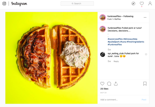 Waffle inspiration can come from anywhere, in this case Syracuse, New York.  Beloved café Funk n' Waffles offers you a choice of savory waffles, such as pulled pork or tuna.