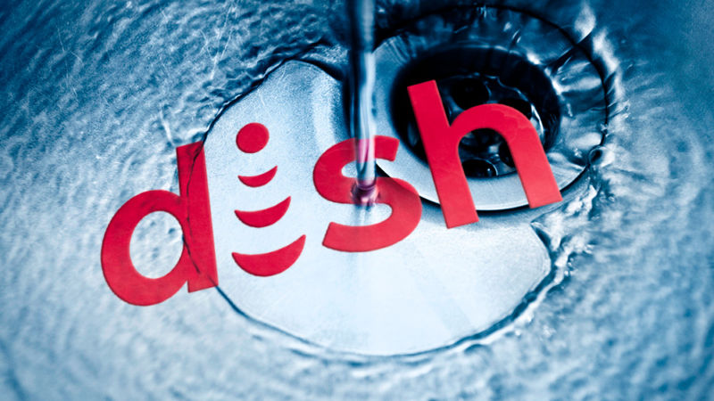 Illustration of water circling the drain of a sink, along with the Dish Network logo.