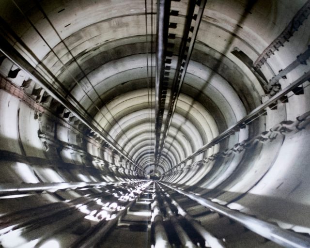 A graphic showing the lift shaft to the underground lab, in the visitors' center at Andra.