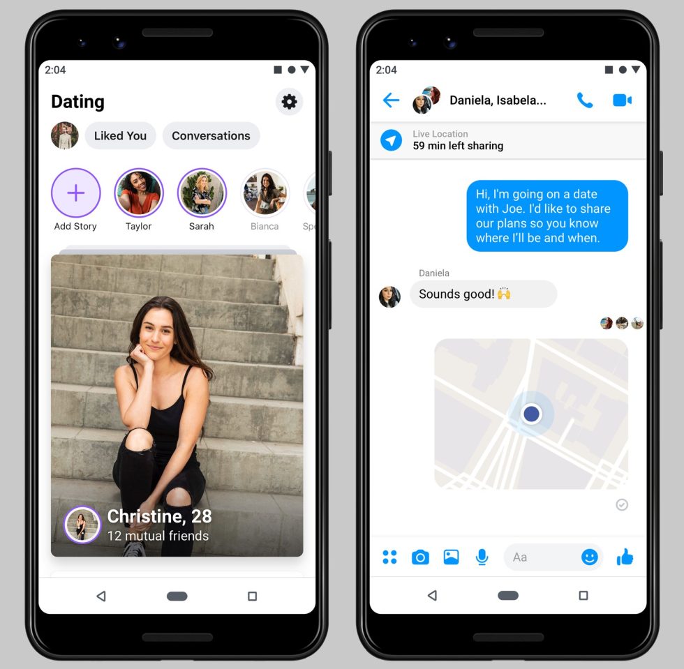 Facebook Dating shows you matches (left) and also lets you message a friend about your location when you meet someone (right).