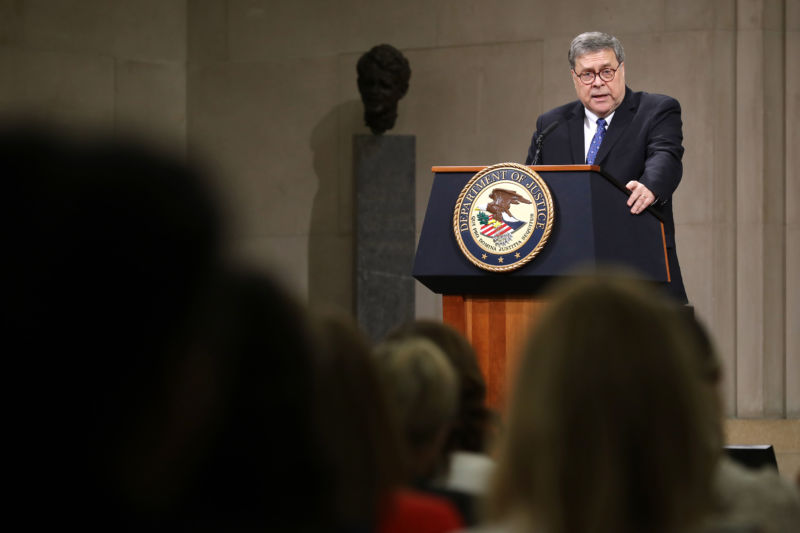 U.S. Attorney General William Barr speaks at an event at the Robert F. Kennedy Main Justice Building in Washington, DC, in May 2019.