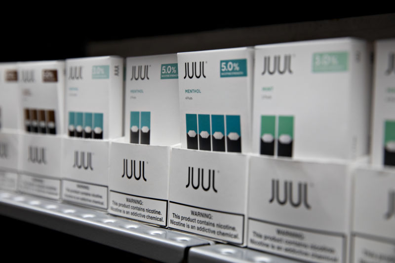 Menthol pods for Juul Labs Inc. e-cigarettes are displayed for sale at a store in Princeton, Illinois, U.S., on Monday, Sept. 16, 2019. 