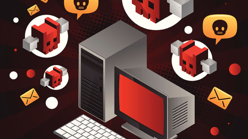 Cartoon image of a desktop computer under attack from viruses.