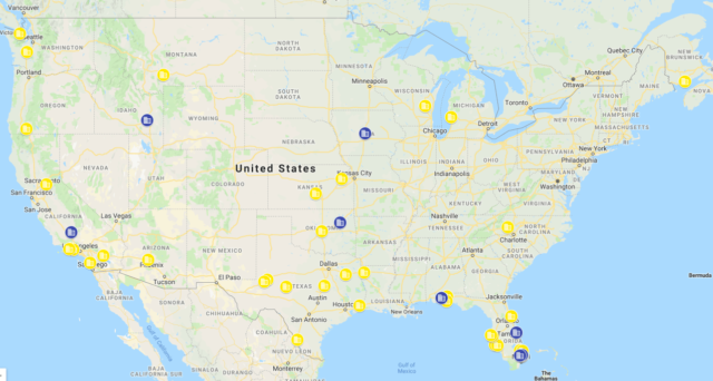 Map depicting cities affected only by the original Click2Gov breach (yellow) and those affected by the second wave of Click2Gov breaches (blue).