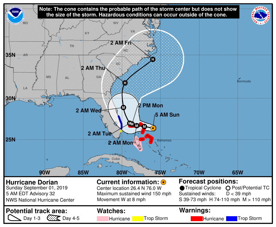 Official National Hurricane Center forecast for Dorian on Sunday morning, at the time of President Trump's 