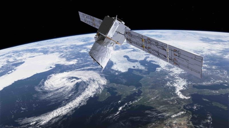 Illustration of the European Space Agency's Aeolus satellite orbiting Earth.