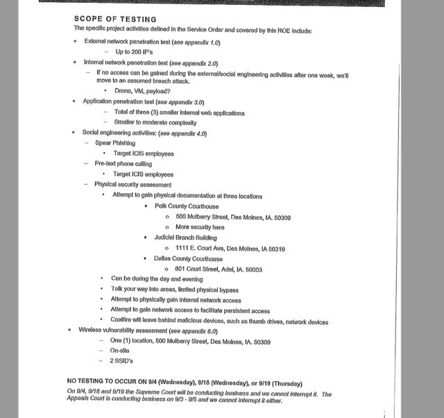 A section of the "Rules of Engagement" document for Coalfire's engagement with the Iowa Judicial Branch.