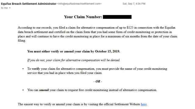 A screenshot of the email sent by the Equifax Breach Settlement Administrator to claimants who requested the $125 cash compensation alternative.