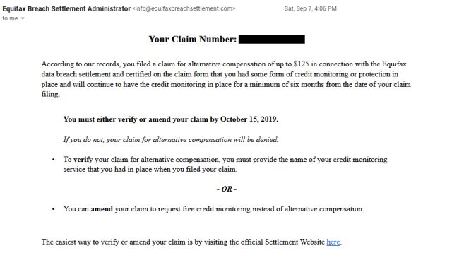 equifax data breach settlement email legit