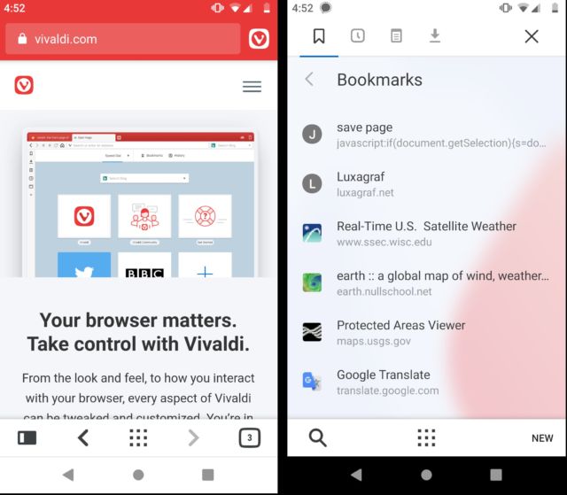 Click the panel button and Vivaldi Mobile will bring up the panel with bookmarks, history, notes, and downloads. You can swipe to move between panes.