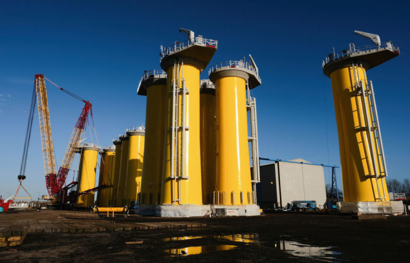 Components of an offshore windfarm await transport in Billingham, England.