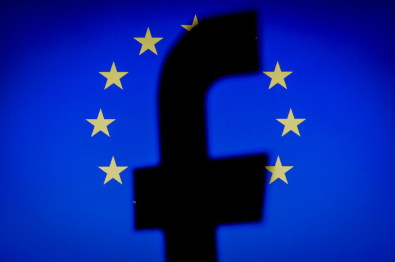 A Facebook logo in front of an EU flag in this photo illustration on November 20, 2017. 