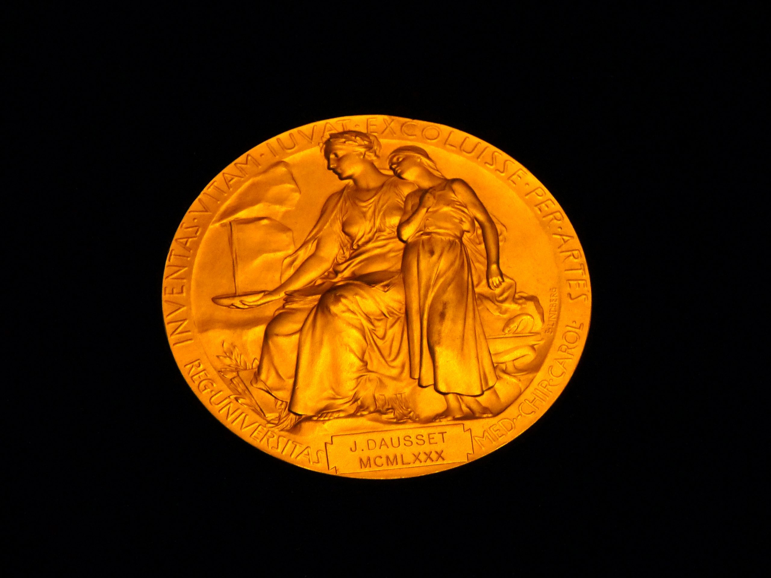 Ornate gold medal on black background.
