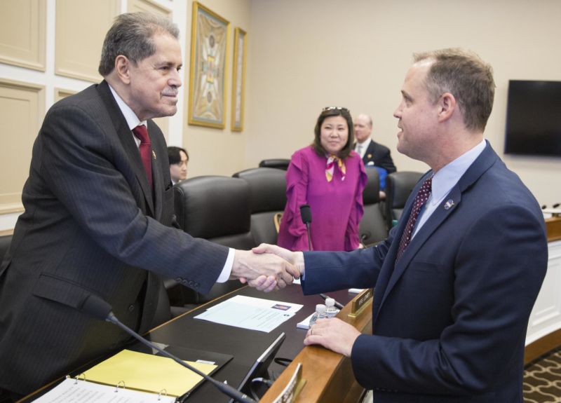 NASA Administrator Jim Bridenstine, right, is seen with Representative José Serrano, D-N.Y., in March, 2019.