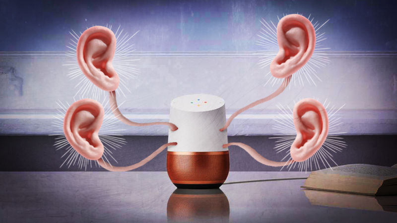 Altered image shows human ears sprouting from Amazon device.