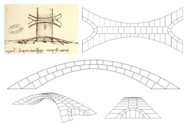 Leonardo da Vinci's original drawing of his design for a bridge, alongside models used by the MIT team to construct a model.