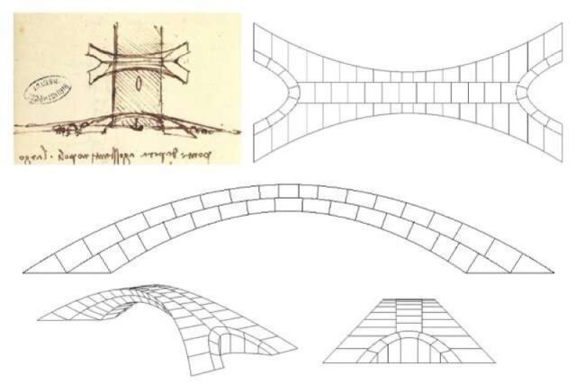 Leonardo da Vinci's original drawing of his design for a bridge, alongside models used by the MIT team to construct a model.