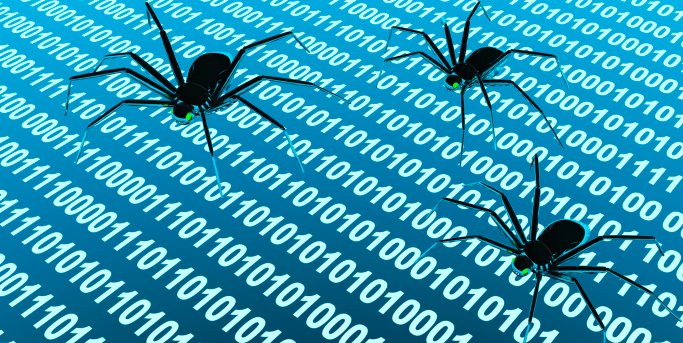 Stylized image of spiders creeping across screen covered with code.