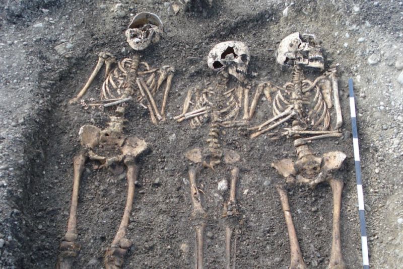 Remains of human plague victims in a mass grave in Toulouse, France, dating back to the Black Death period.