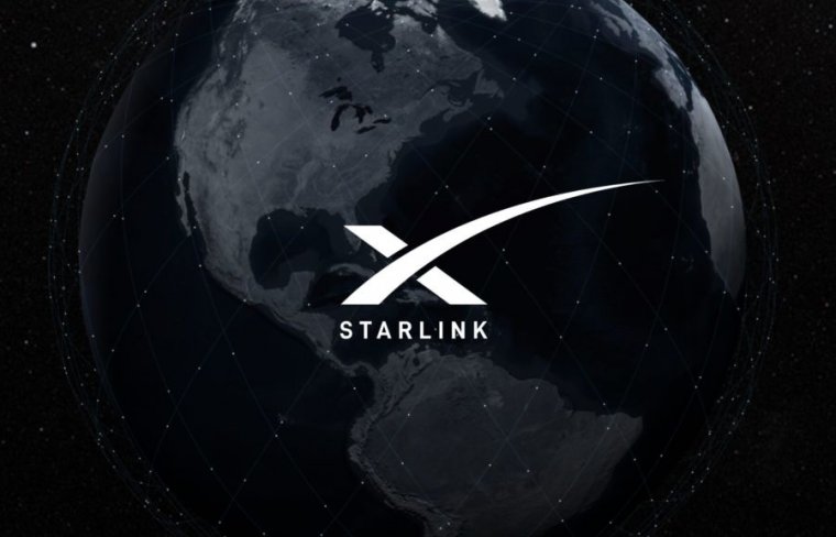 Illustration of the Earth with the logo of Starlink, the satellite broadband service planned by SpaceX.