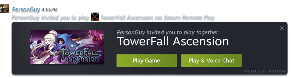 Valve provided this sample of how the invite interface will work. Should you join someone else's session, you can automatically add your connected chat headset to the game's audio, or just jump into the game. In either case, whatever input Steam recognizes on your computer (gamepad, mouse keyboard, steering wheel, whatever) will start beaming to the host's computer, recognized within its Steam Client as another connected controller on that host PC.