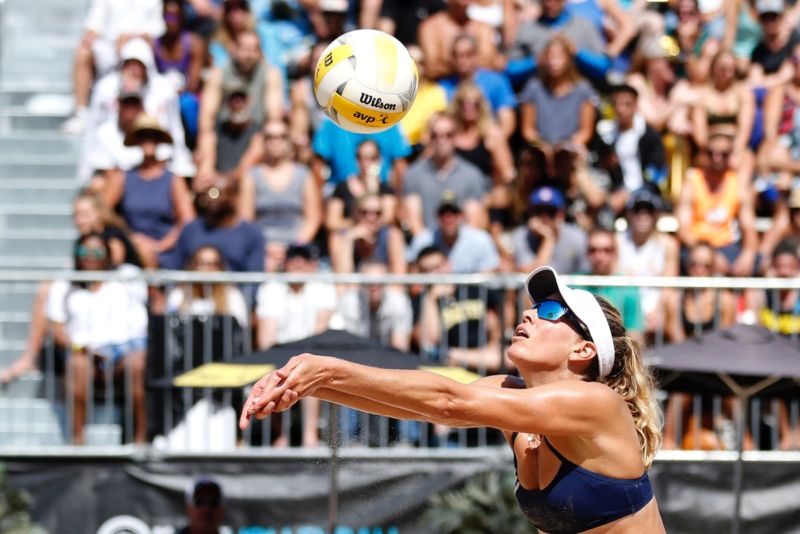 April Ross serves the ball during a AVP Championship match at Oak Street Beach on August 31, 2019 in Chicago.