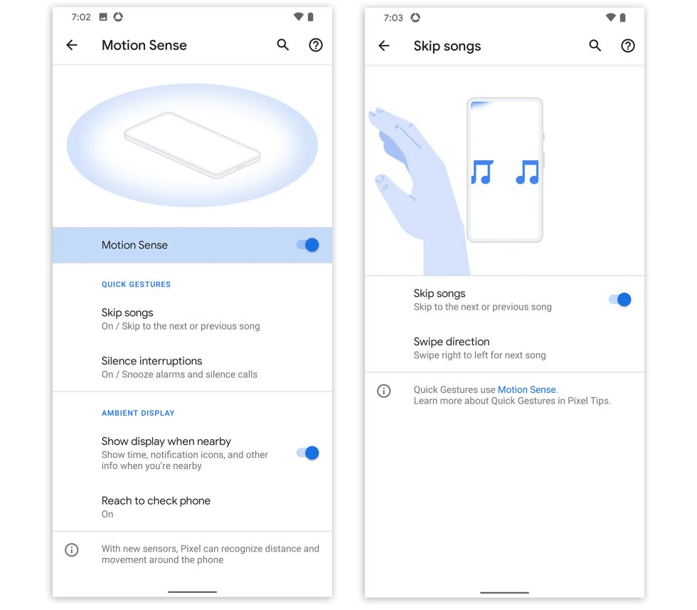 The Motion Sense, aka Project Soli, options.