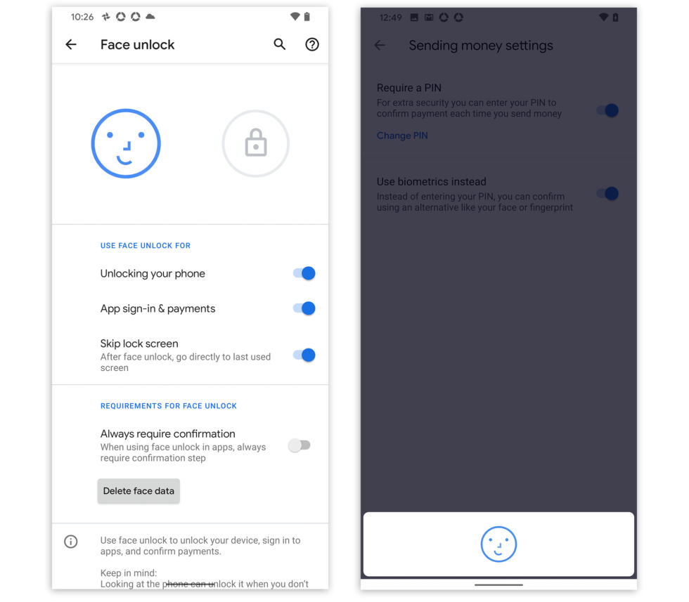 The face unlock settings, and unlocking Google Pay with face unlock. 