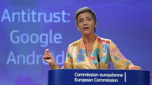 All these Big Tech companies have faced trouble abroad, but can things change here? Just last summer, the EU gave Google 90 days to end 'illegal' practices surrounding its Android operating system or face further fines, after slapping a record 4.34 billion euro ($5 billion) anti-trust penalty on Google. (Pictured: European Union Competition Commissioner Margrethe Vestager.)