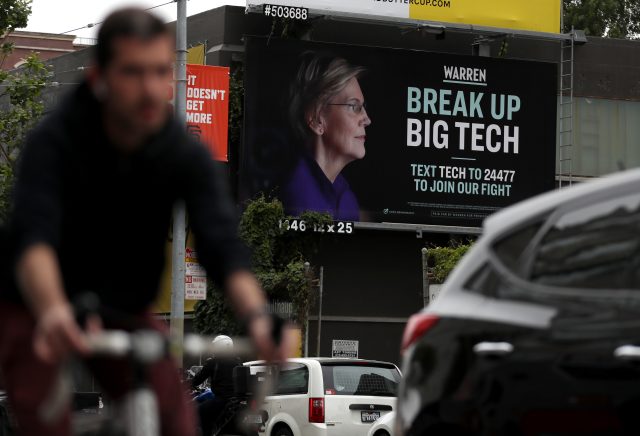 This spring, Elizabeth Warren's campaign posted a billboard in the South of Market Area of San Francisco calling for a break up of Big Tech.