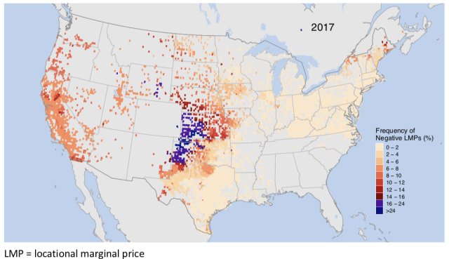 A map showing the areas where wholesale electricity prices have gone negative, with darker colors indicating increased frequency.