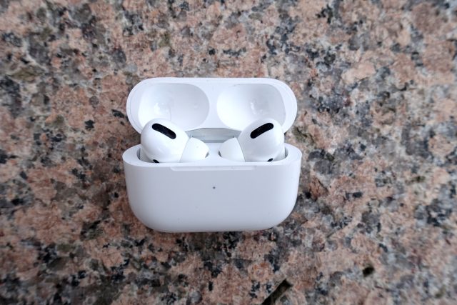 Apple's AirPods Pro in an open box.