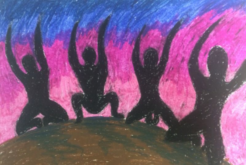 A highly stylized drawing of kneeling people waving their hands.